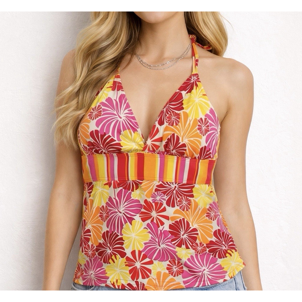 CANCUN Swimwear Womens L Tankini Top Floral Halter Y2K Beach Tropical Plunge